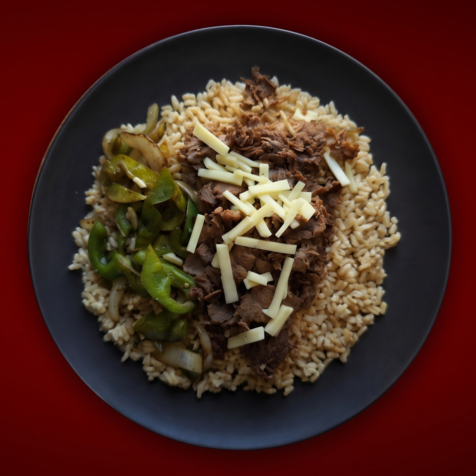 Plate of seasoned rice topped with sliced beef, melted cheese, green peppers, and onions on a dark plate against a red background.
