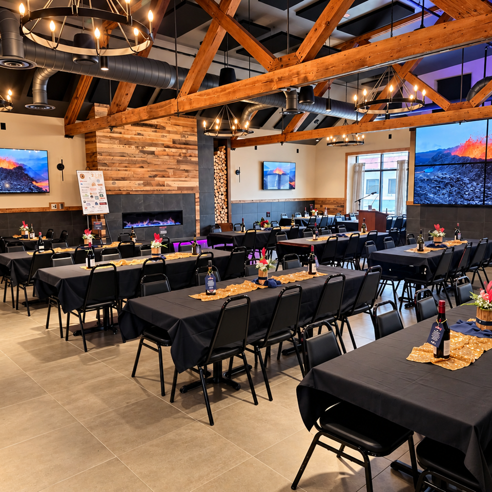 Spacious restaurant dining room with black-clothed tables, wooden beams, chandeliers, fireplace, and volcano displays on large screens.