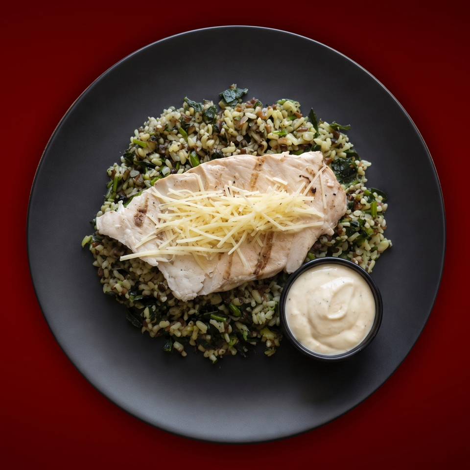 Grilled chicken breast topped with shredded cheese, served over seasoned rice and greens with creamy dipping sauce.