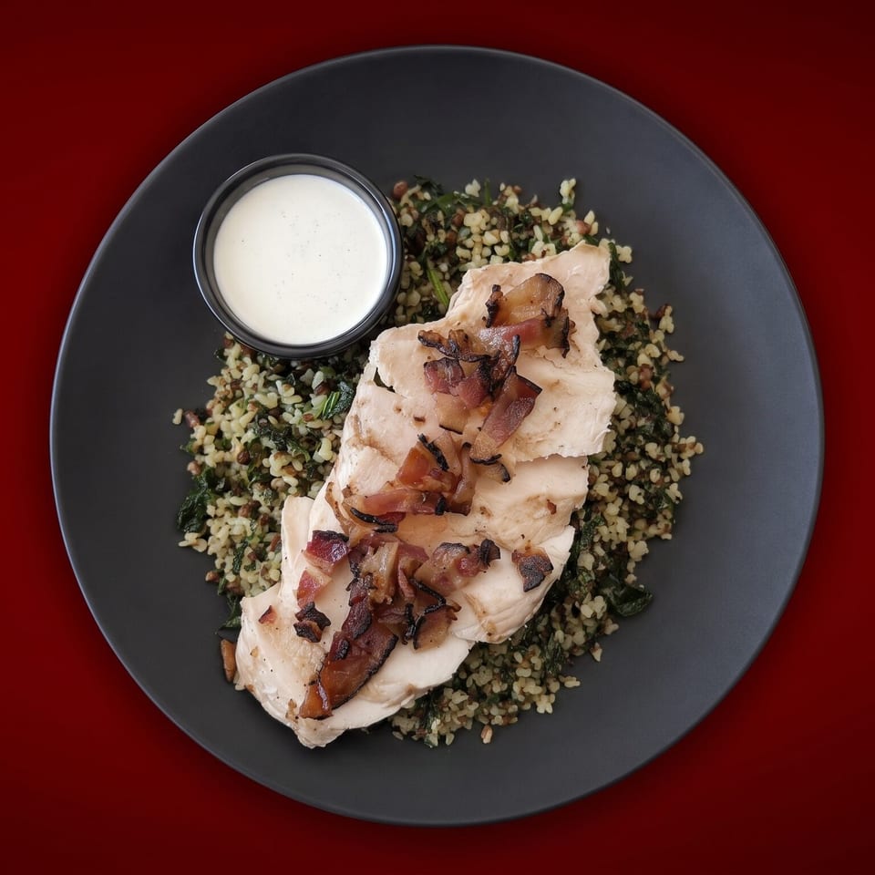 Sliced chicken topped with crispy bacon over herb-infused grains and greens, served with creamy dipping sauce on a dark plate.