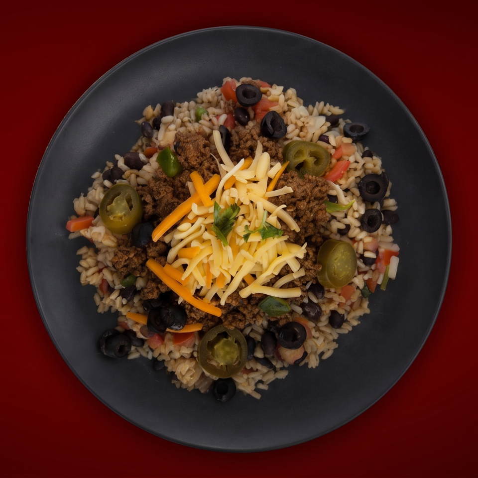 Taco-style rice bowl topped with seasoned beef, shredded cheese, black beans, jalapeños, olives, vegetables, and herbs on a dark plate.