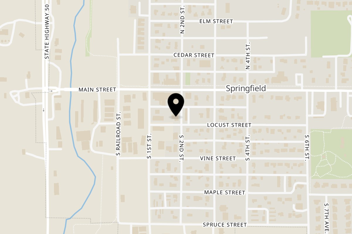 Map showing the location of Mickey's Tavern on 166 S 2nd St in Springfield